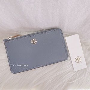 NWT Tory Burch Emerson Colorblock Zip Card Case Wallet Eclipse Crest 84743 RARE